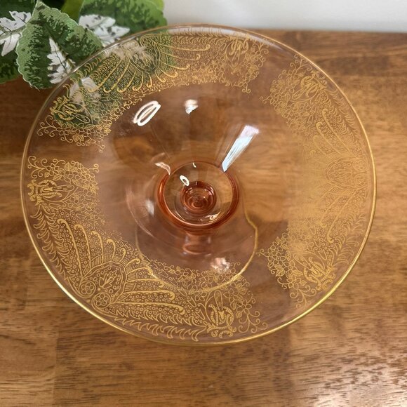 Vintage Pink Depression Glass‎ Compote Gold Etched Pedestal Dish Elegant 1930s - Picture 4 of 7